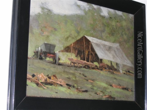 Animal Shelter In A Field With Horses Feeding At A Trough Oil Painting - Lawrence Carmichael Earle
