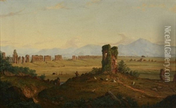 The Roman Campagna  (+ View Of The Temples Of Paestum; Pair) Oil Painting - Joseph Ropes