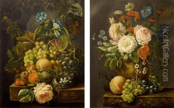 A Still Life With Grapes, Peaches, Roses And A Bird's Nest All On A Marble Ledge (pair) Oil Painting - Andre Broedelet