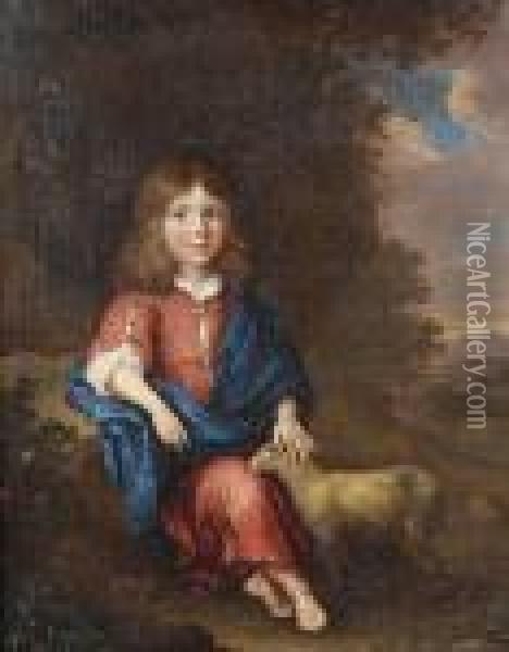 Portrait Of A Young Boy Seated, 
Small Full-length, As A Shepherd In A Red Dress And A Blue Wrap, A Lamb 
At His Side In A Landscape Oil Painting - Jan van Haensbergen