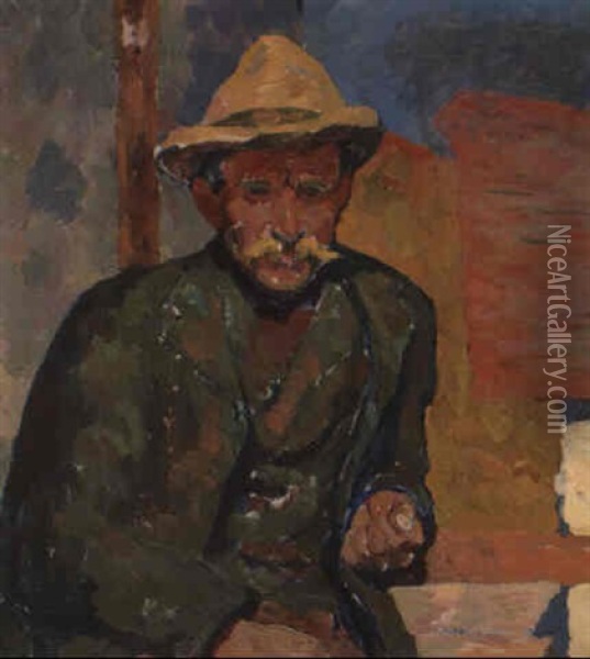 Sitzender Bauer Auf Einer Bank Oil Painting - Giovanni Giacometti