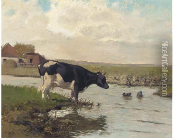 A Cow At The Edge Of A Pool With Ducks Oil Painting - Arthur Heyer
