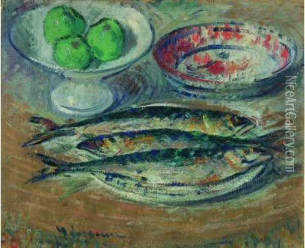  L'assiette Aux Trois Maquereaux  Oil Painting - Gustave Loiseau
