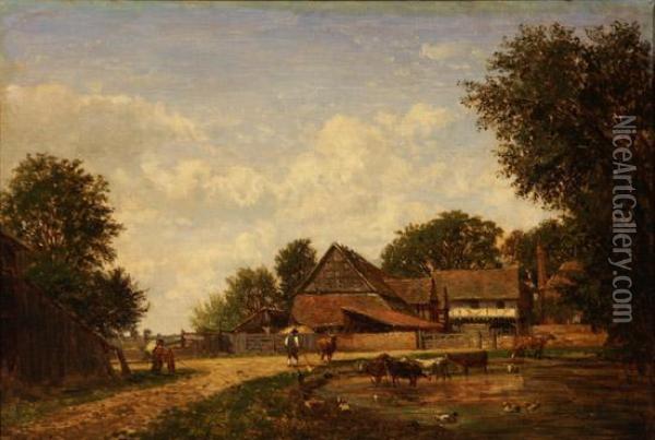 Barnyard Scene With Farmers And Cows Oil Painting - Emile Charles Lambinet