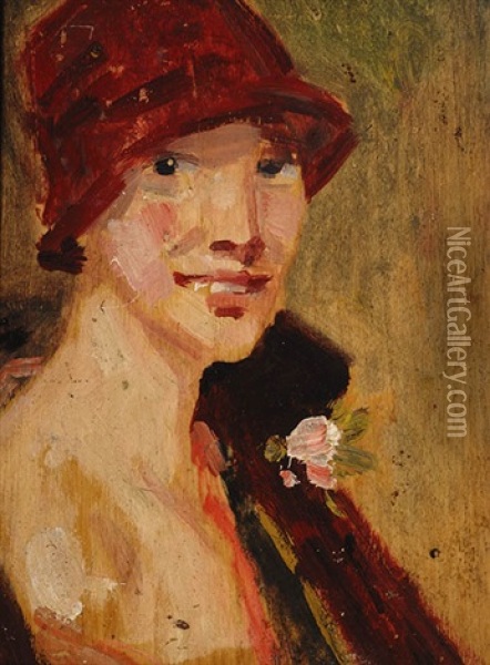 Elegant Lady With A Red Hat (+ Reading Girl, Verso) Oil Painting - Simon Maris