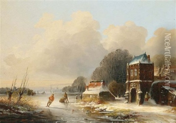 A Winterlandscape With Skaters On A Frozen River Oil Painting - Abraham Adrianus ver Meulen