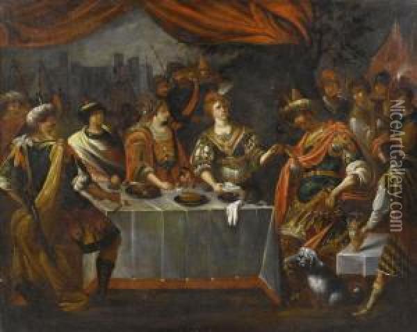 Cleopatra's Banquet. Oil Painting - Claude Vignon