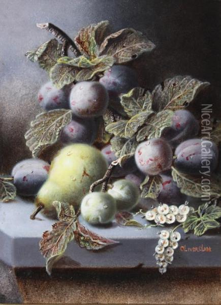 Plums, Greengages, White Currants And A Pear On A Stone Ledge Oil Painting - Oliver Clare