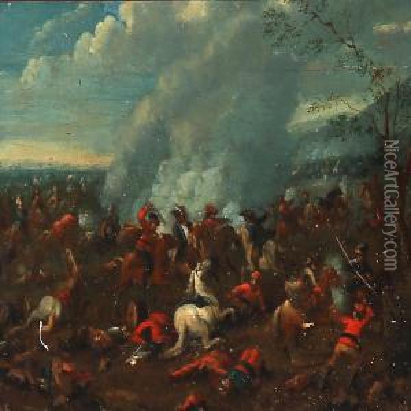 A Battle Scene Oil Painting - Pieter Wouwermans or Wouwerman
