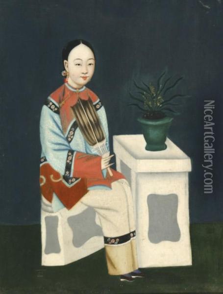 Lady Seated Holding A Feather Fan Oil Painting - Lam Qua