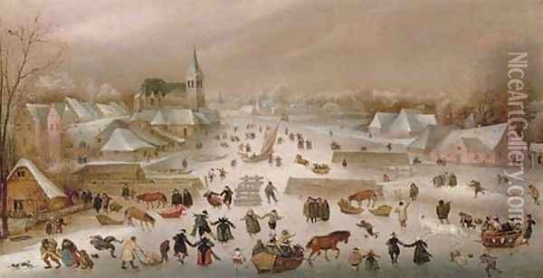 A Winter Landscape With Skaters On A Frozen River 2 Oil Painting - Abel Grimmer