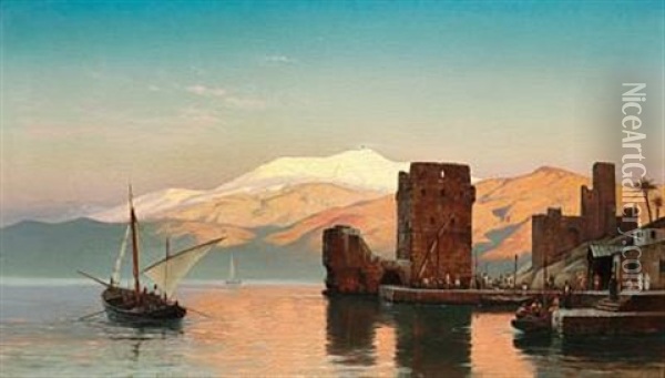 Evening Atmosphere In A Harbour (northern Africa?) Oil Painting - Carl Johann Neumann
