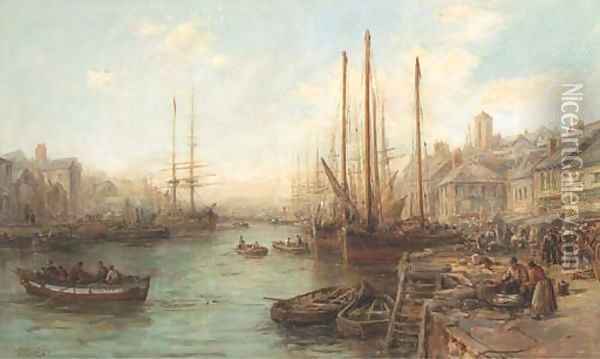 The quayside fish market at Douglas, Isle of Man Oil Painting - William Edward Webb