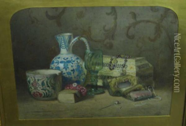 Still Life With Pincushion, 
Pottery, 
Rosary, 
And Glass Oil Painting - Kate Hunter