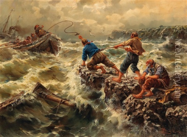 Saving The Shipwrecked Sailors Oil Painting - Egidius Linnig