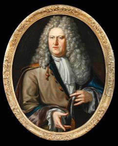 Portrait Of A Gentleman, Half Length Wearing A Grey Coat And Wig Oil Painting - Matthijs Naiveu