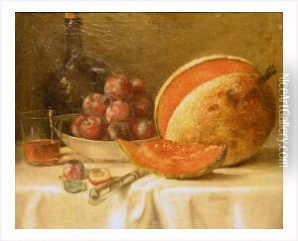 Nature Morte Au Melon, Coupe De Prunes Et Bouteille Sur Un Entablement Oil Painting - Jean-Baptiste-Simeon Chardin