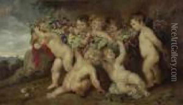 Putti Mit Blumengirlande. Oil Painting - Peter Paul Rubens