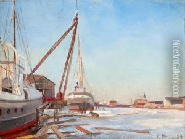 Harbour In Winter Oil Painting - Victor Westerholm