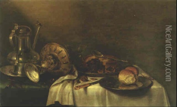 Pewter Dishes, Pie, Bread And Walnuts On A Draped Table Oil Painting - Willem Claesz Heda