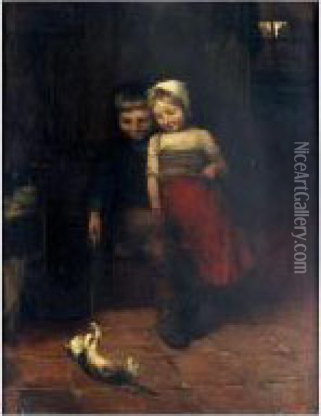 Playing With The Kitten Oil Painting - Ferdinand Carl Sierig