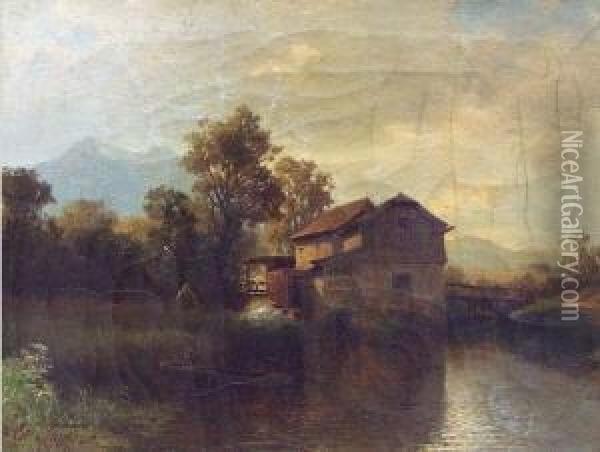 Wassermuhle Mit Wehr, Baum Und Figurenstaffage In Hugeliger Landschaft Oil Painting - Eduard Tenner