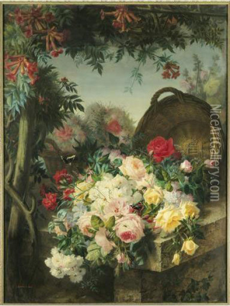 Jete De Fleurs Et Panier Sur Un Entablement Oil Painting - Jean-Louis Bonthoux