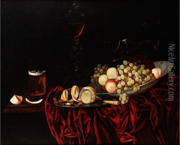 Grosses Fruchtestilleben Mit Glaspokal, Bierglas Und Zitrone Oil Painting - Johann Georg (also Hintz, Hainz, Heintz) Hinz