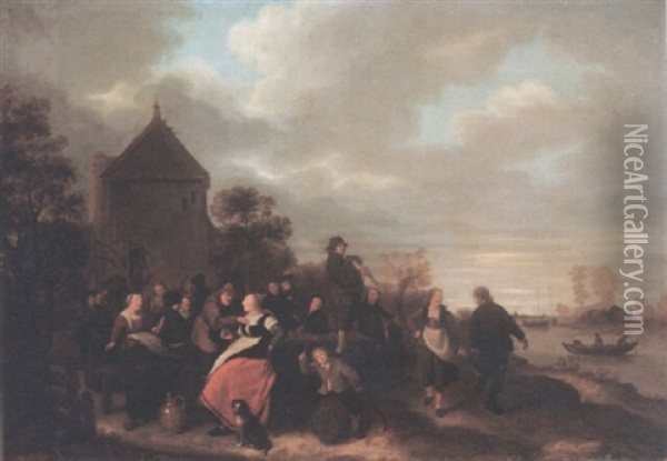 Peasants Merrymaking And Dancing Outside An Inn Oil Painting - Jan Miense Molenaer