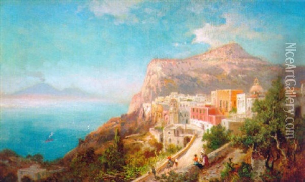 Figures On A Coastal Path With Capri Beyond Oil Painting - Bernardo Hay