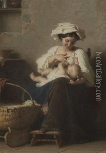 Mutter, Ihr Kind Stillend Oil Painting - Alfred van (Jacques) Muyden