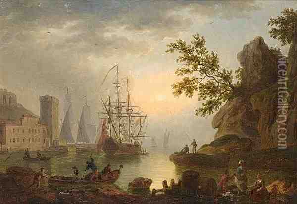 Fishermen And Other Figures 
Resting On A Rock,shipping And A Fortification In The Distance; Oil Painting - Claude-joseph Vernet
