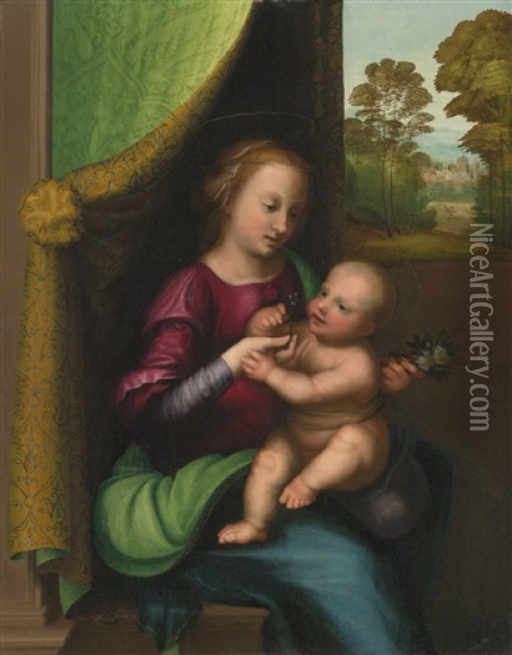 Madonna And Child Beside A Window, A Landscape Beyond Oil Painting - Mariotto Albertinelli