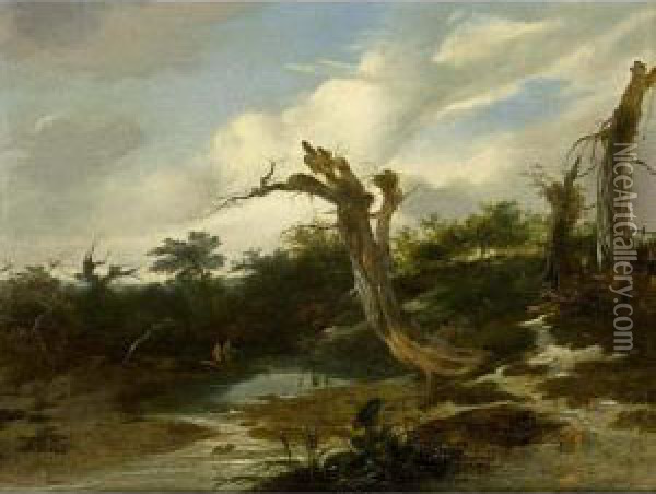 A Wooded Landscape With Anglers Near A Stream And Tree Trunks In The Foreground Oil Painting - Gerrit van Hees