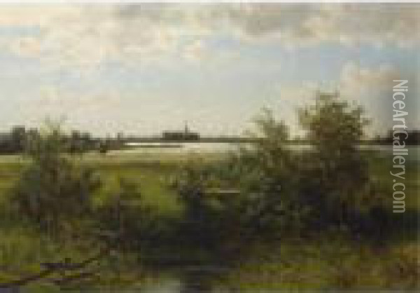 A Hunter In A Summer Landscape, A Town In The Distance Oil Painting - Johannes Josephus Destree
