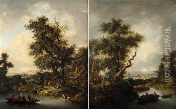 Zwei Bewaldete Landschaften (two Wooded Landscapes) Oil Painting - Ferdinand Kobell
