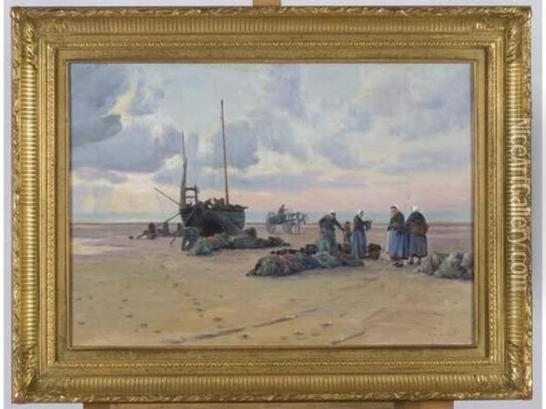 Le Ramendage Des Filets, Plage De Berck Oil Painting - Charles Emmanuel Roussel