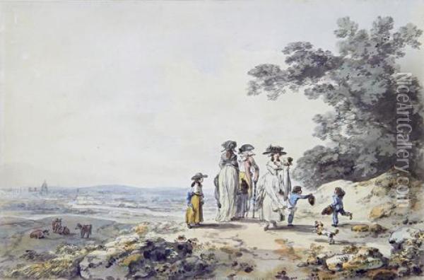 Figures On A Hill Top, Kilburn, London Oil Painting - Julius Caesar Ibbetson
