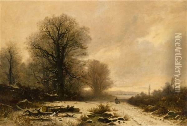 Baumbestandene Winterlandschaft Mit Bauerin Und Kind Oil Painting - Gustave Castan