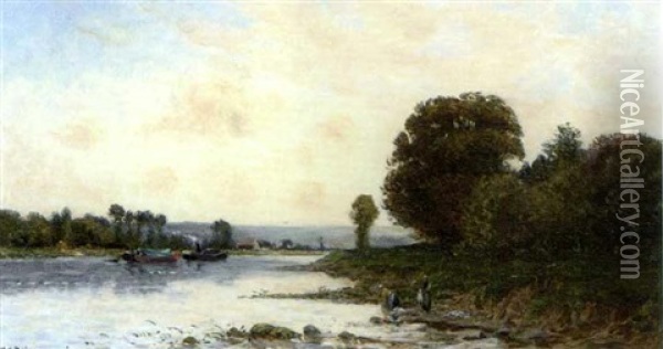 Flusslandschaft Mit Booten Und Wascherinnen Oil Painting - Hippolyte Camille Delpy