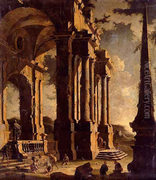 A Capriccio Of Classical Ruins With Figures Oil Painting - Leonardo Coccorante