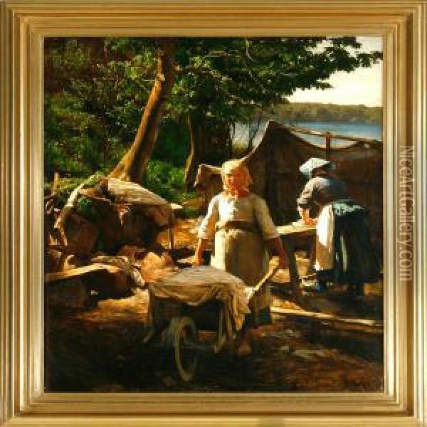 Young Girls Laundering Insorup Near Fredensborg Oil Painting - Hans Ole Brasen