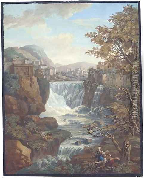 An extensive mountainous landscape with a waterfall by a town, peasants fishing and gathering wood in the foreground Oil Painting - Charles-Louis Clerisseau