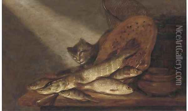 A cat, dead fish, earthenware pots and a fishing net on a table Oil Painting - Pieter de Putter