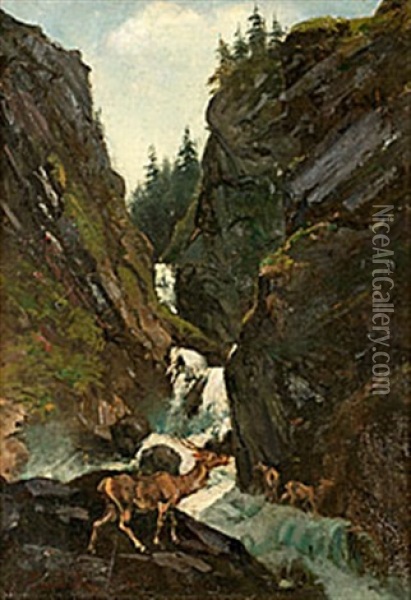 Hjortar Vid Ett Vattenfall. Hans Krets. Bar Signatur G. Courbet Oil Painting - Gustave Courbet