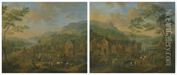 Two Scenes Of A Village On The Banks Of A River Oil Painting - Karel Van Breydel (Le Chevalier)