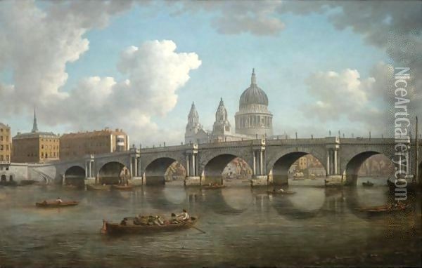 Blackfriars Bridge and St Pauls Cathedral Oil Painting - William Marlow