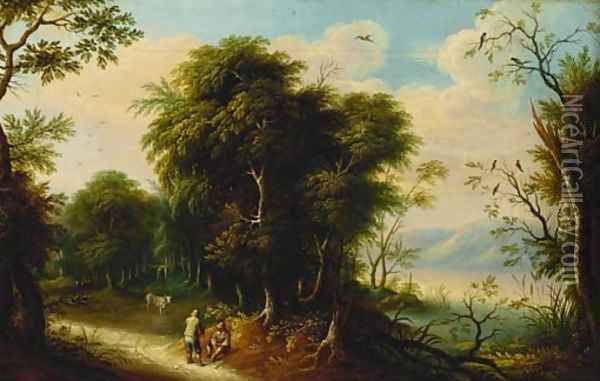 A wooded river landscape with figures on a track Oil Painting - Jasper van der Lanen