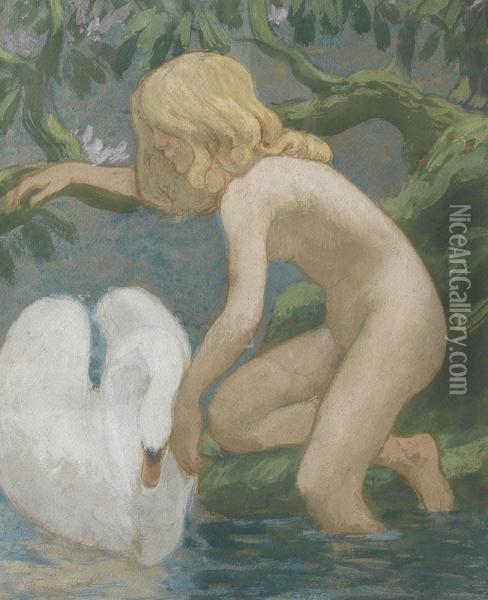 Jeune Fille Au Cygne Oil Painting - Jean-Francis Auburtin