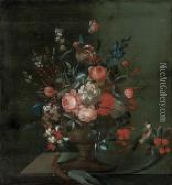 Roses, Chrysanthemums, Convolvulus, A Parrot Tulip And Other Flowers In An Urn Oil Painting - Johann Amandus Winck